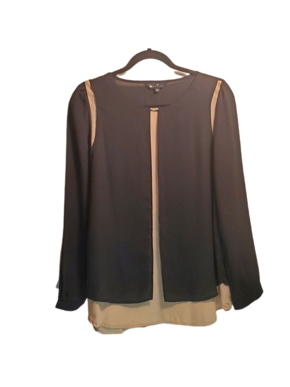 Et Satin - Black Tan Long Sleeve Layered Blouse Gold Embellishment at Neckline